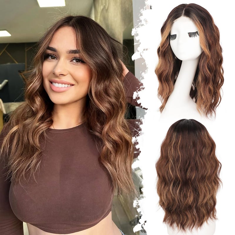 Eawwii Brown Highlight Short Wavy Wig for Women Lace Hairline Bob Style Synthetic Heat Resistant  Natural Appearance for Everyday Hairstyle 18 Inch